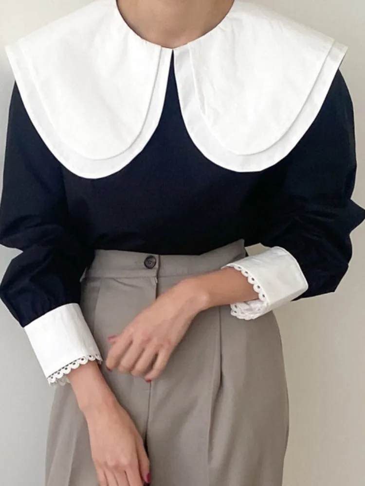 Elegant Hit Color Patchwork Blouse Chic Collar Puff Sleeve Shirts