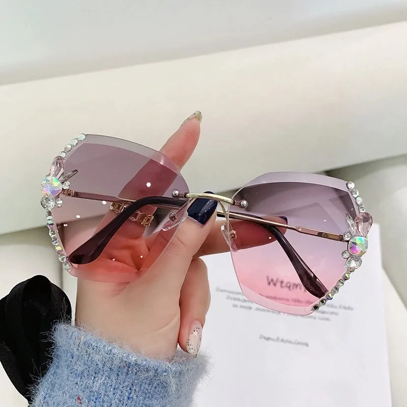 Elegant Solid Color Pc Oval Frame Rhinestone Frameless Women's Sunglasses