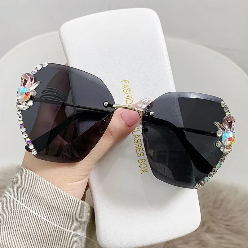Elegant Solid Color Pc Oval Frame Rhinestone Frameless Women's Sunglasses