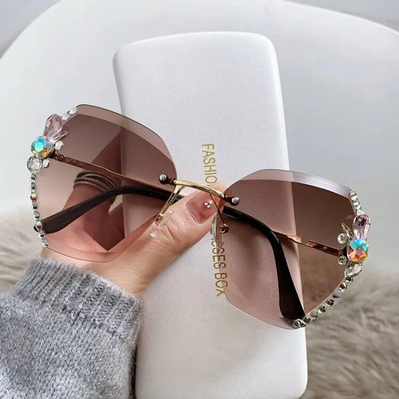 Elegant Solid Color Pc Oval Frame Rhinestone Frameless Women's Sunglasses