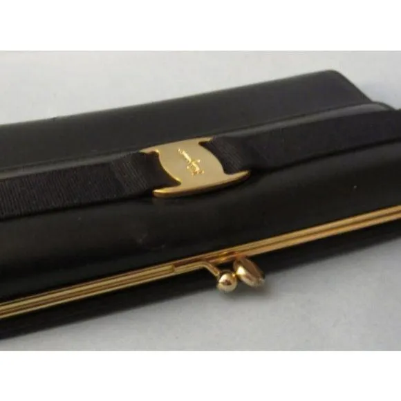 Ferragamo Vintage Navy Blue Glossy Tri-fold Wallet