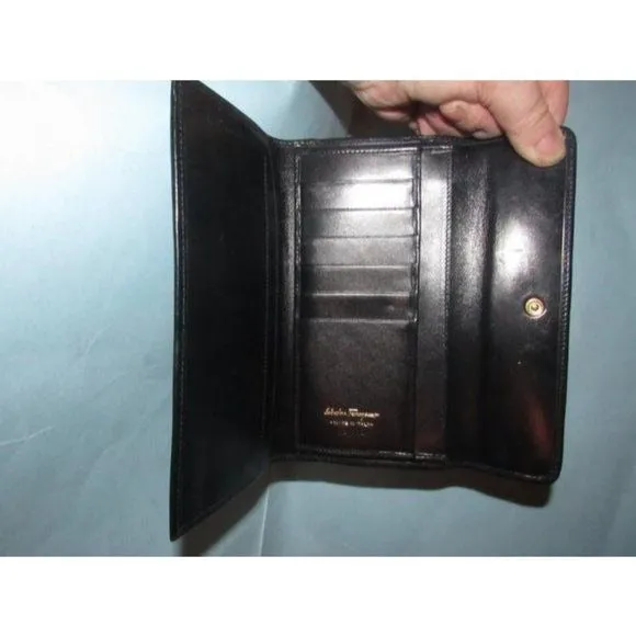 Ferragamo Vintage Navy Blue Glossy Tri-fold Wallet