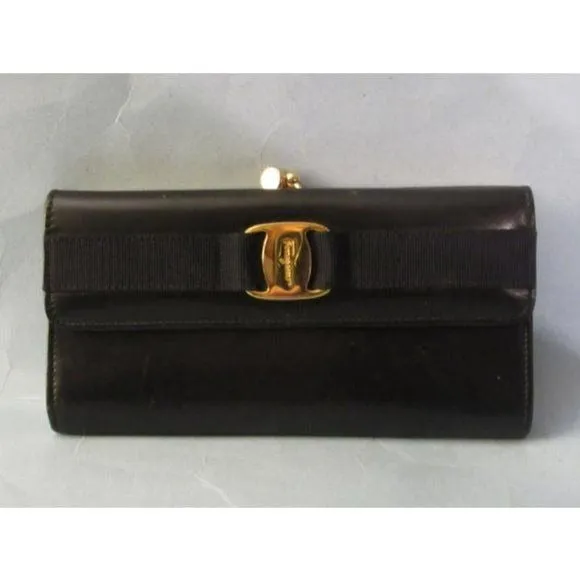 Ferragamo Vintage Navy Blue Glossy Tri-fold Wallet