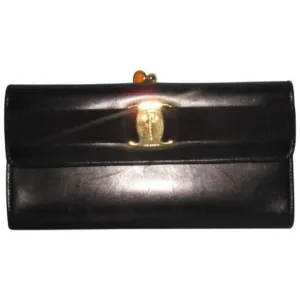 Ferragamo Vintage Navy Blue Glossy Tri-fold Wallet