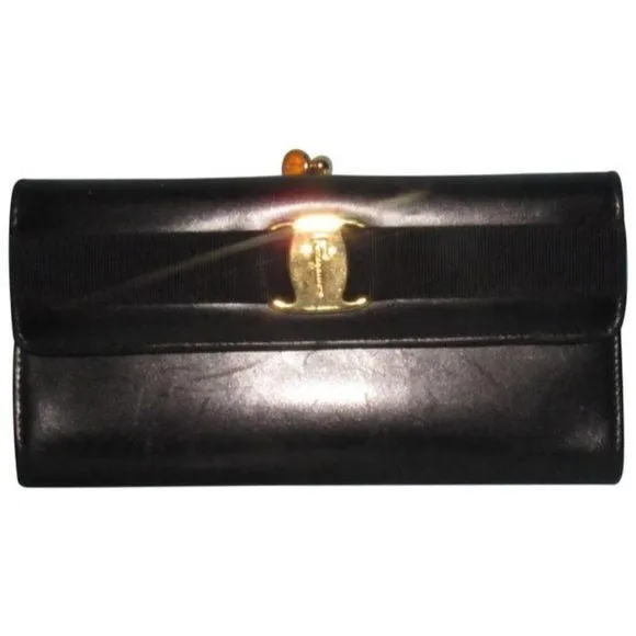 Ferragamo Vintage Navy Blue Glossy Tri-fold Wallet