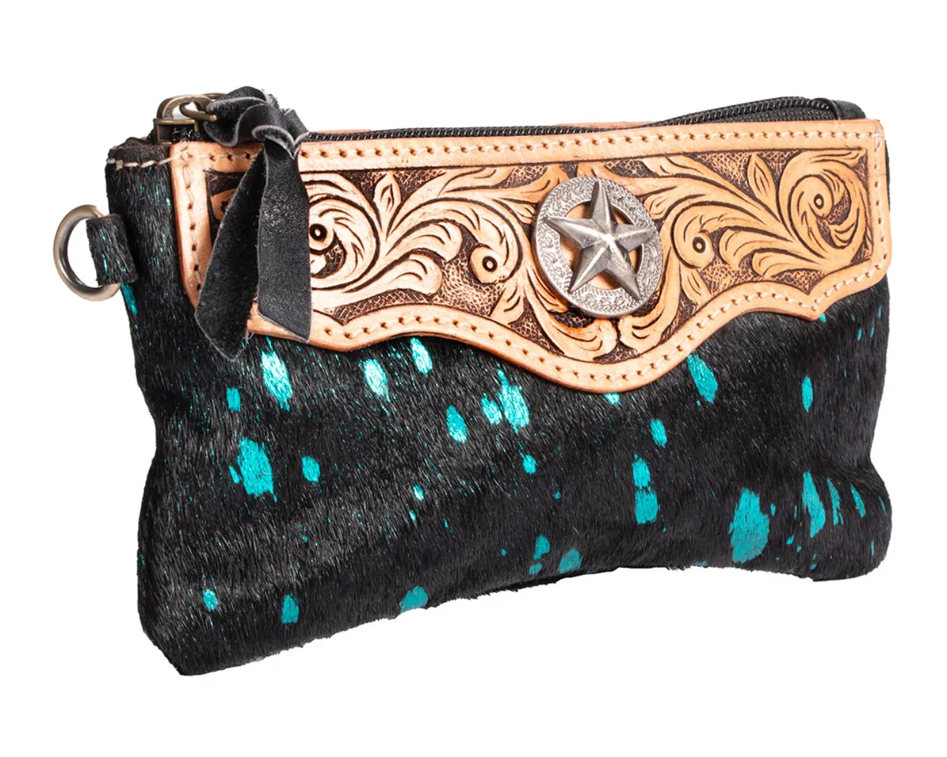 Fort Worth Cowhide Leather Purse - Black & Turquoise