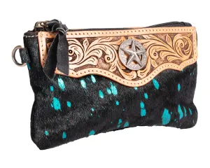 Fort Worth Cowhide Leather Purse - Black & Turquoise