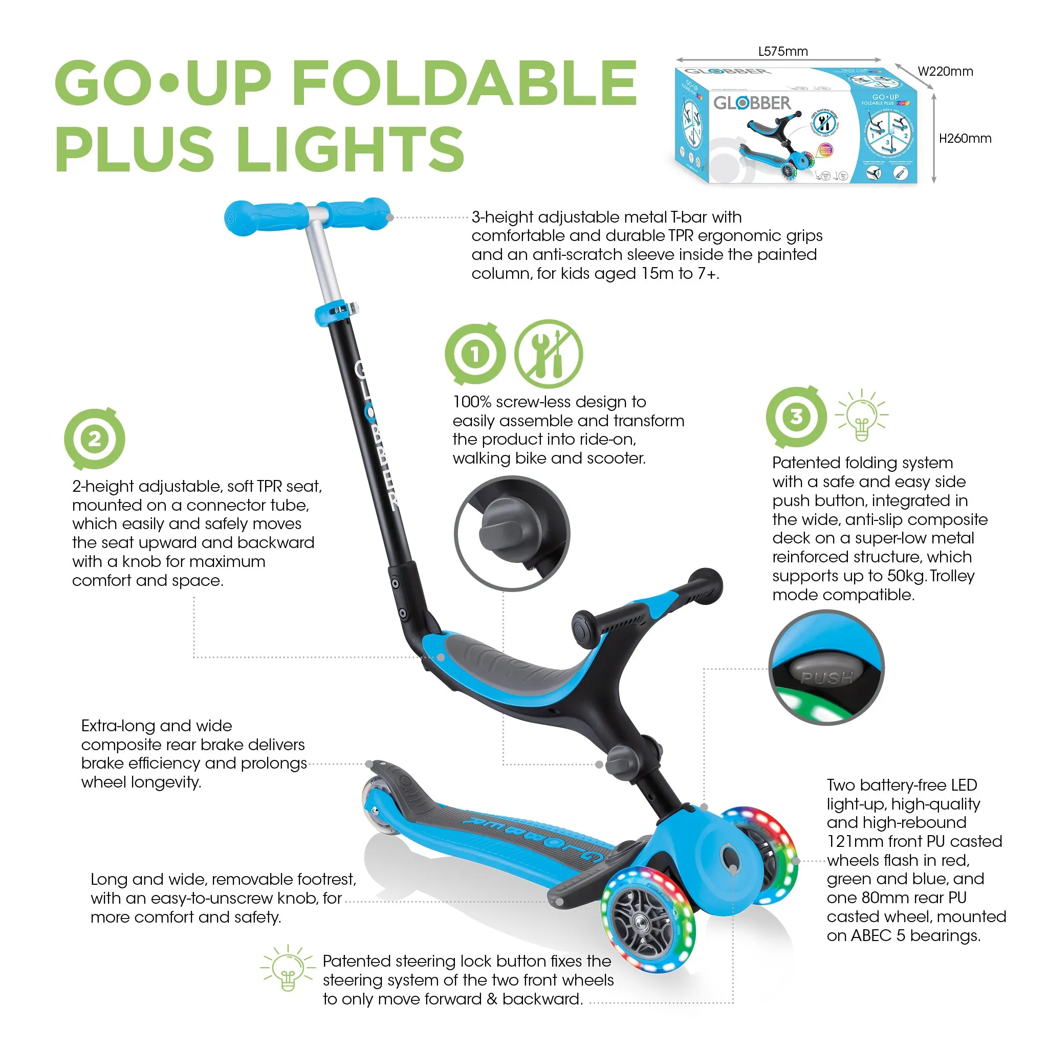 Globber Go Up Foldable Plus Lights Scooter - Pastel Blue (15m – 7y)