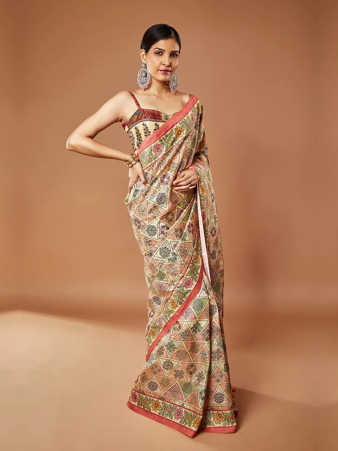 Gorgeous Peach and Multi-Color Dupain Saree with Elegant floral print