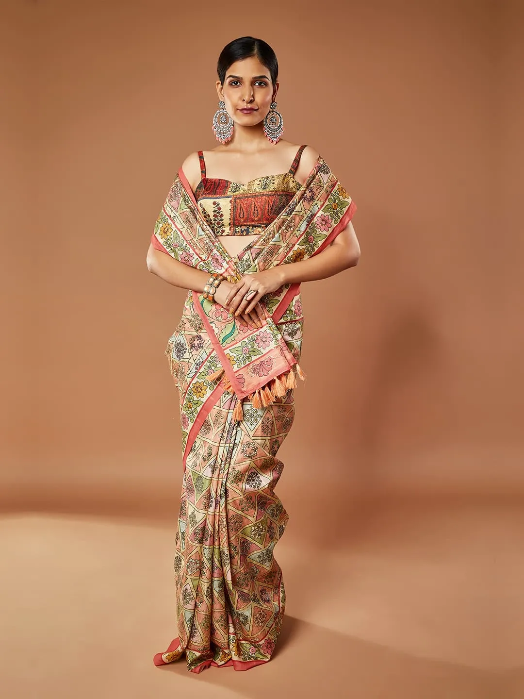 Gorgeous Peach and Multi-Color Dupain Saree with Elegant floral print
