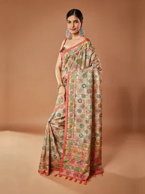 Gorgeous Peach and Multi-Color Dupain Saree with Elegant floral print