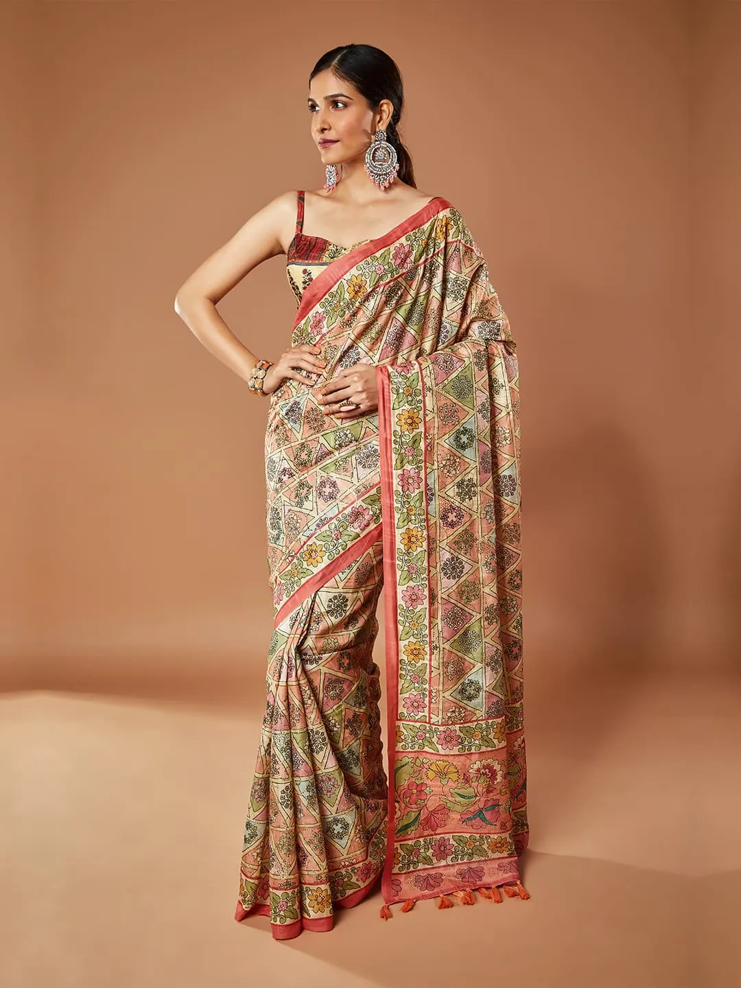 Gorgeous Peach and Multi-Color Dupain Saree with Elegant floral print