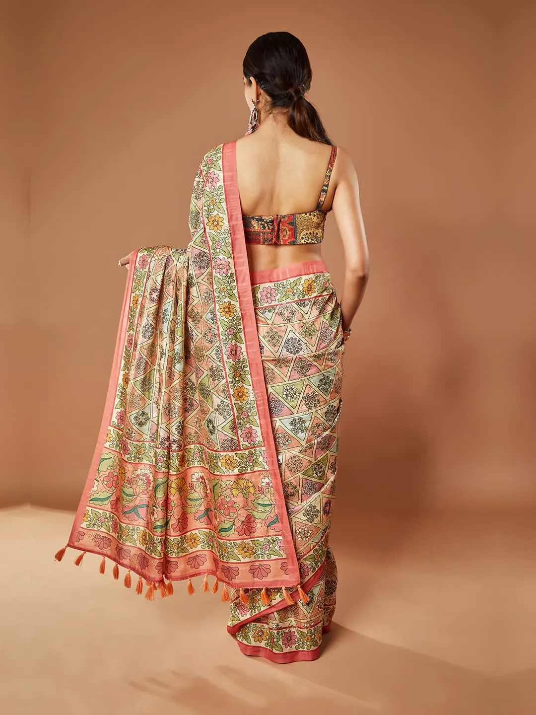 Gorgeous Peach and Multi-Color Dupain Saree with Elegant floral print
