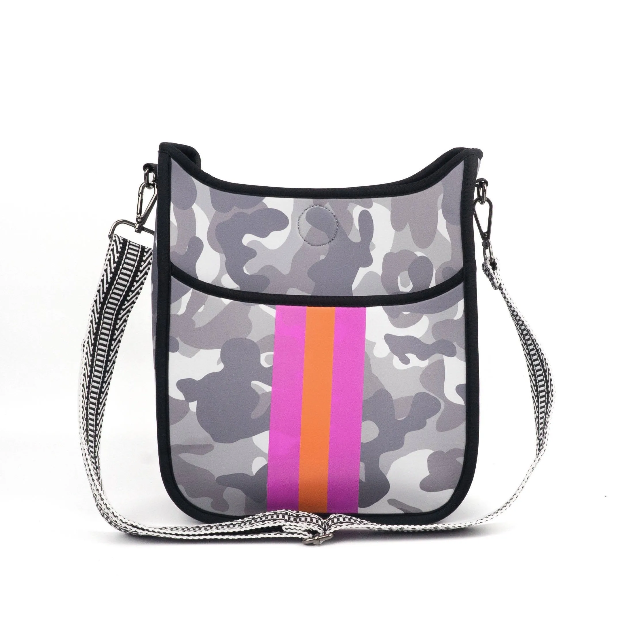 Grey Camo Neoprene Messenger Bag with Pink & Orange Stripe