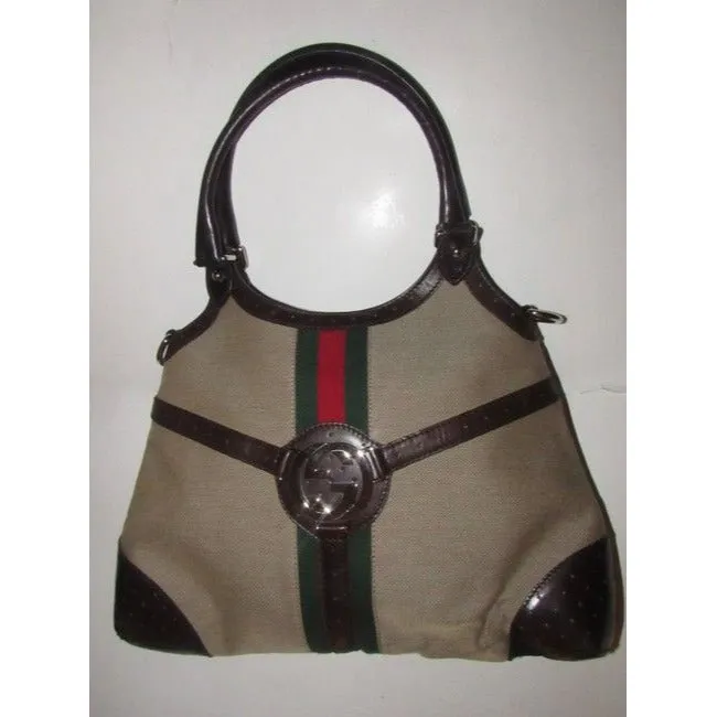Gucci Britt Canvas And Two Strap Top Handle Equestrian Accents Brown Leather Hobo Bag