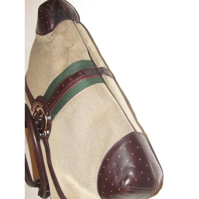 Gucci Britt Canvas And Two Strap Top Handle Equestrian Accents Brown Leather Hobo Bag