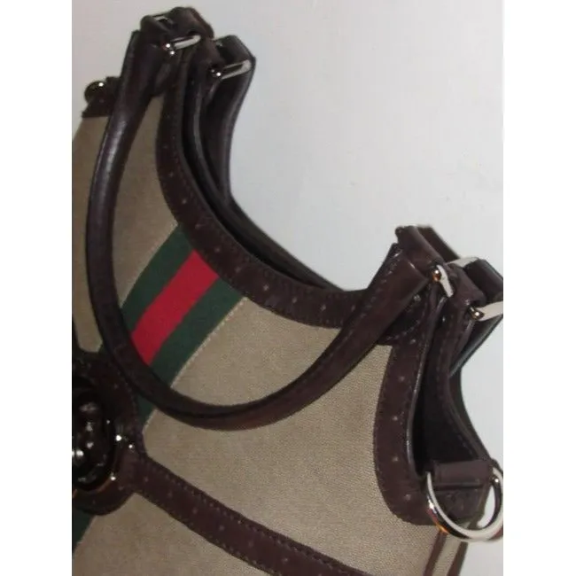 Gucci Britt Canvas And Two Strap Top Handle Equestrian Accents Brown Leather Hobo Bag