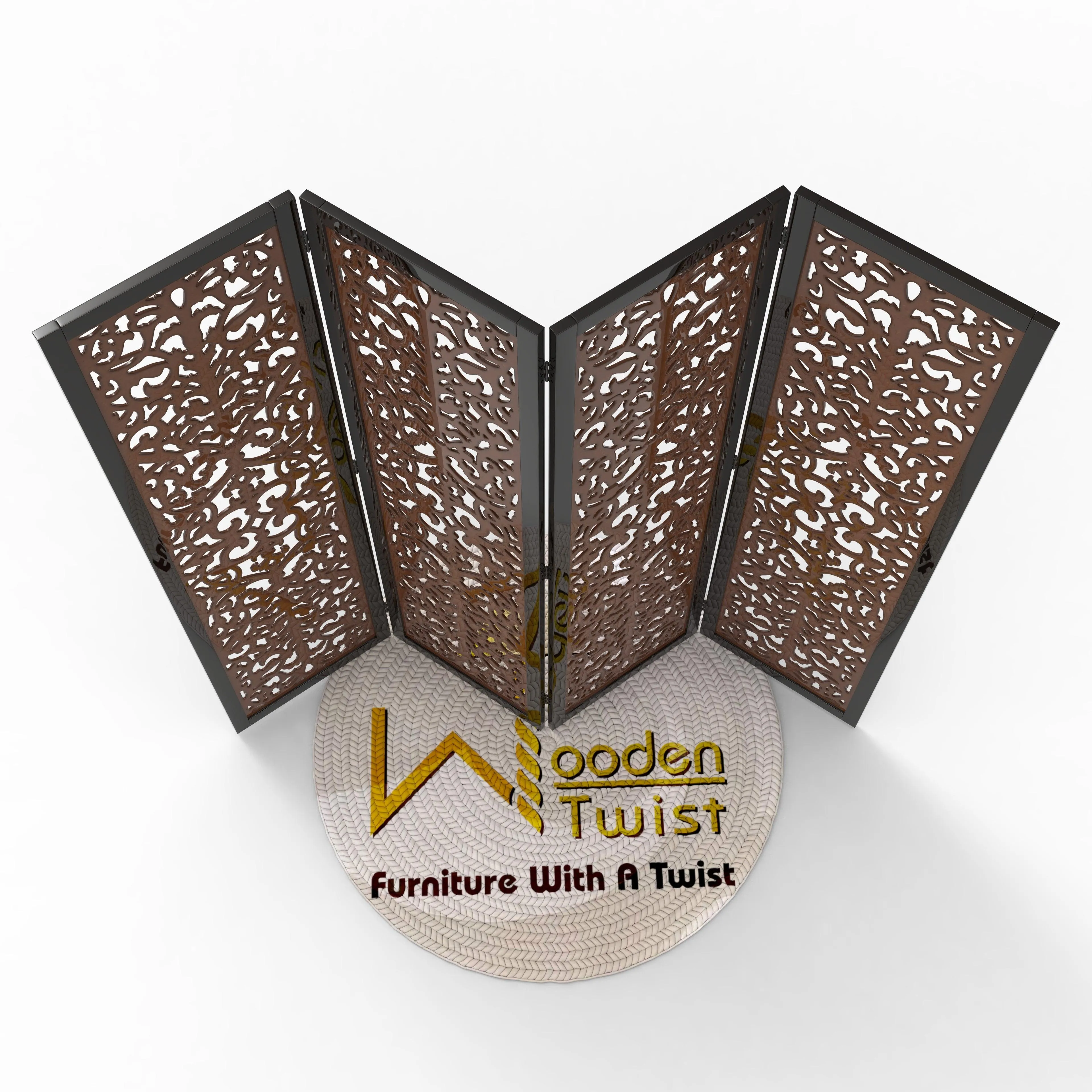 Handcrafted 4 Panel Wooden Room Partition & Room Divider (Dark Brown)