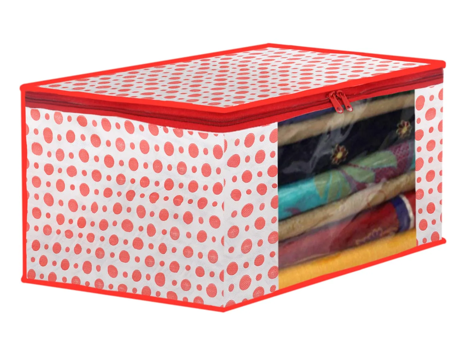Heart Home Dot Printed Foldable, Lightweight Non-Woven Saree Cover/Organizer With Tranasparent Window- Pack of 10 (Pink)-46HH0487