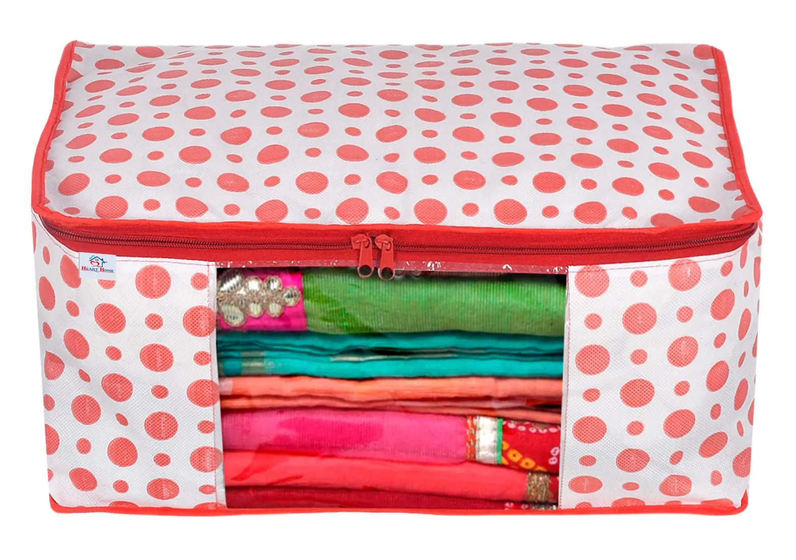 Heart Home Dot Printed Foldable, Lightweight Non-Woven Saree Cover/Organizer With Tranasparent Window- Pack of 10 (Pink)-46HH0487