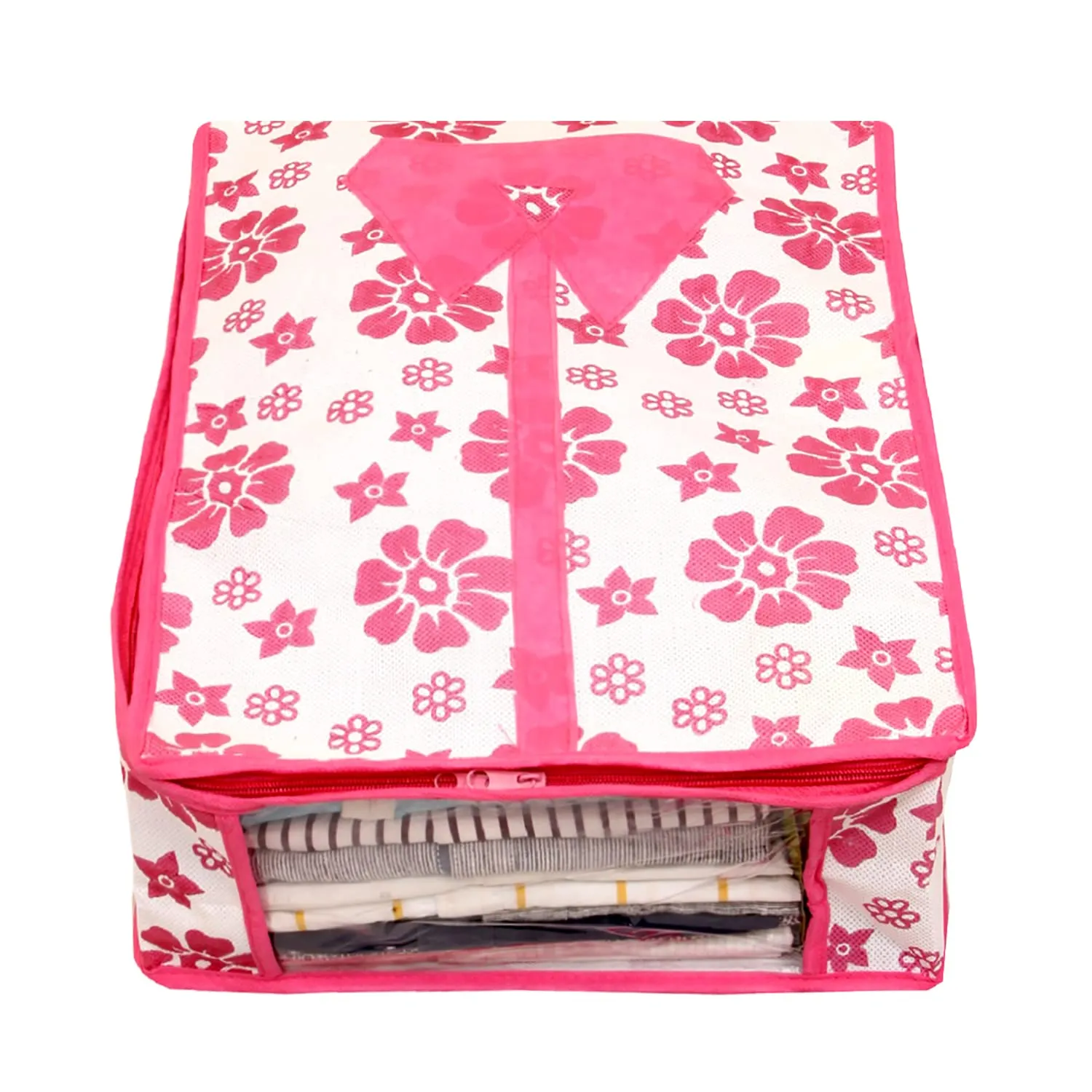Heart Home Flower Printed Shirts & Clothing Organizer With Clear Window- Pack of 2 (Pink)-HS43HEARTH26187