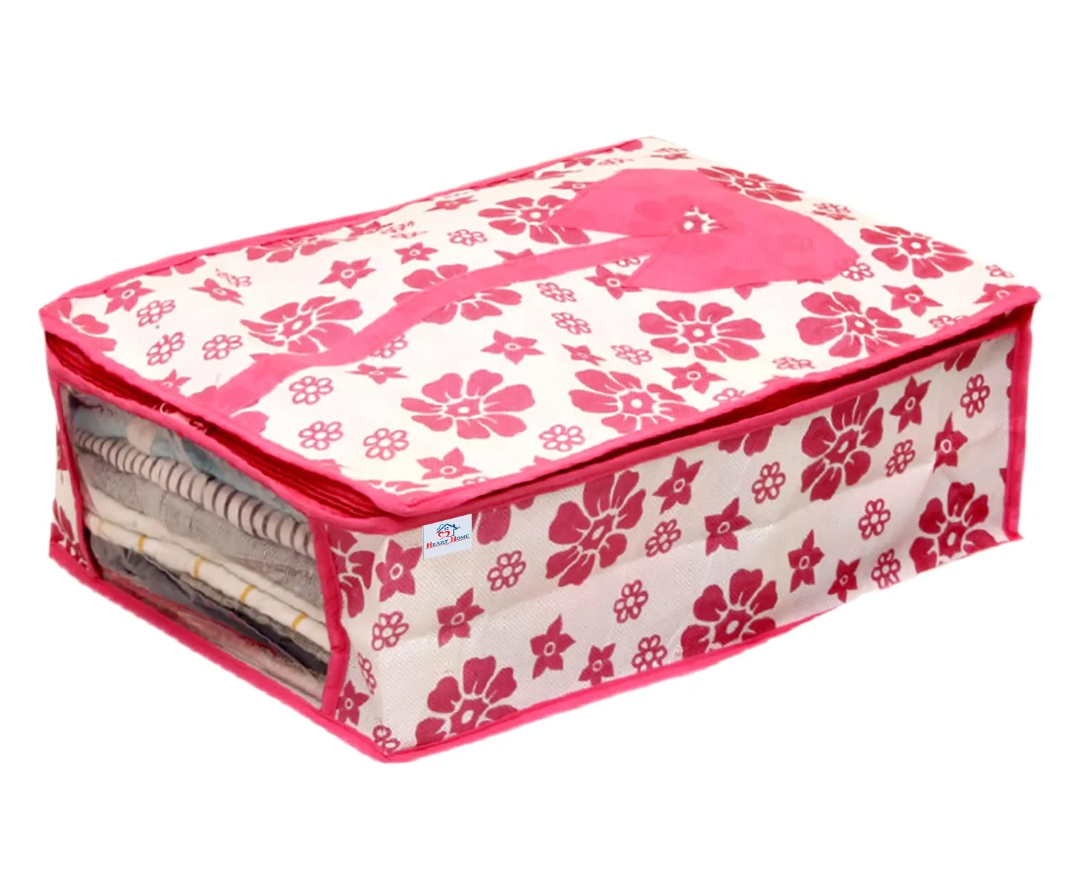 Heart Home Flower Printed Shirts & Clothing Organizer With Clear Window- Pack of 2 (Pink)-HS43HEARTH26187