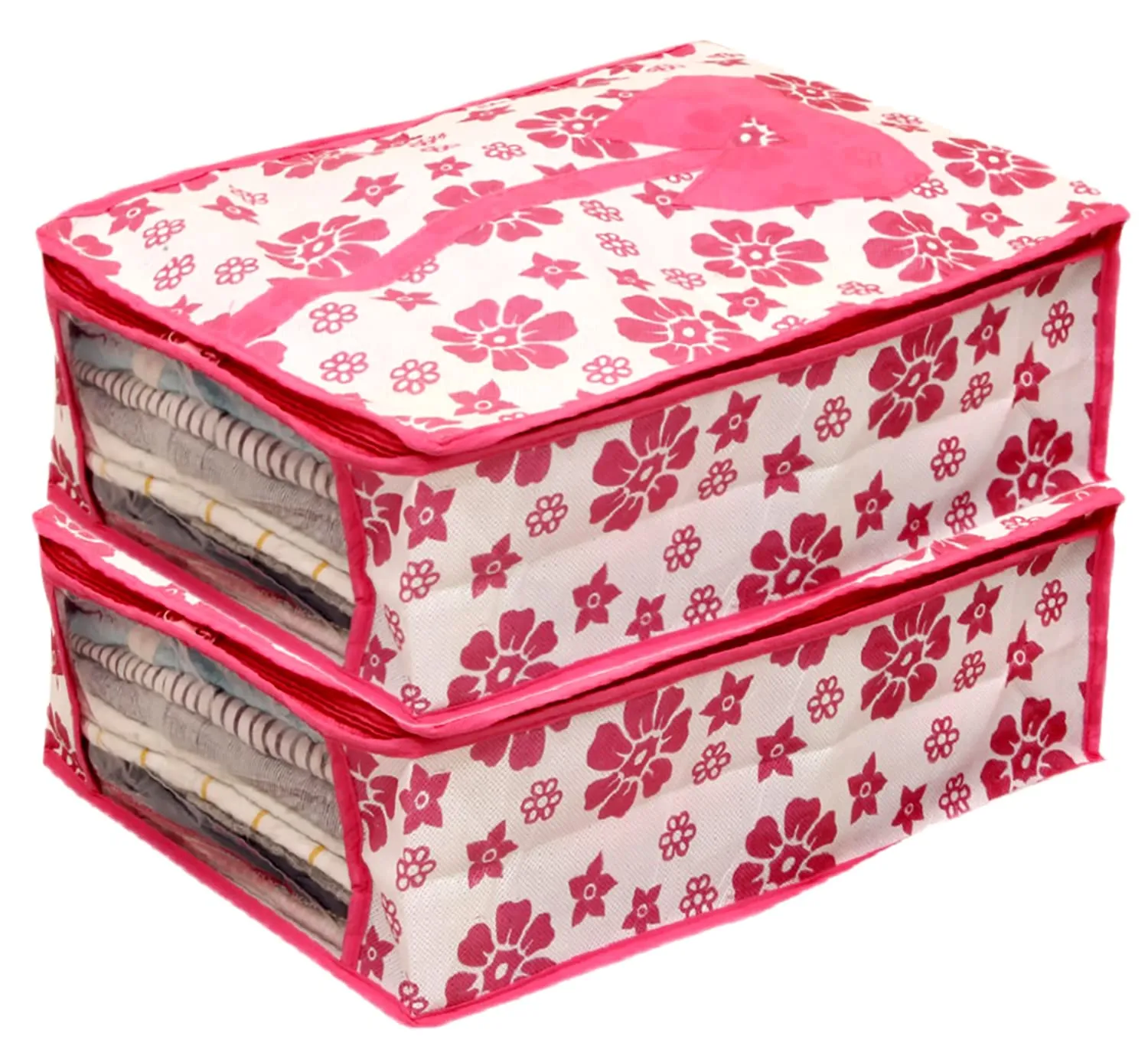 Heart Home Flower Printed Shirts & Clothing Organizer With Clear Window- Pack of 2 (Pink)-HS43HEARTH26187