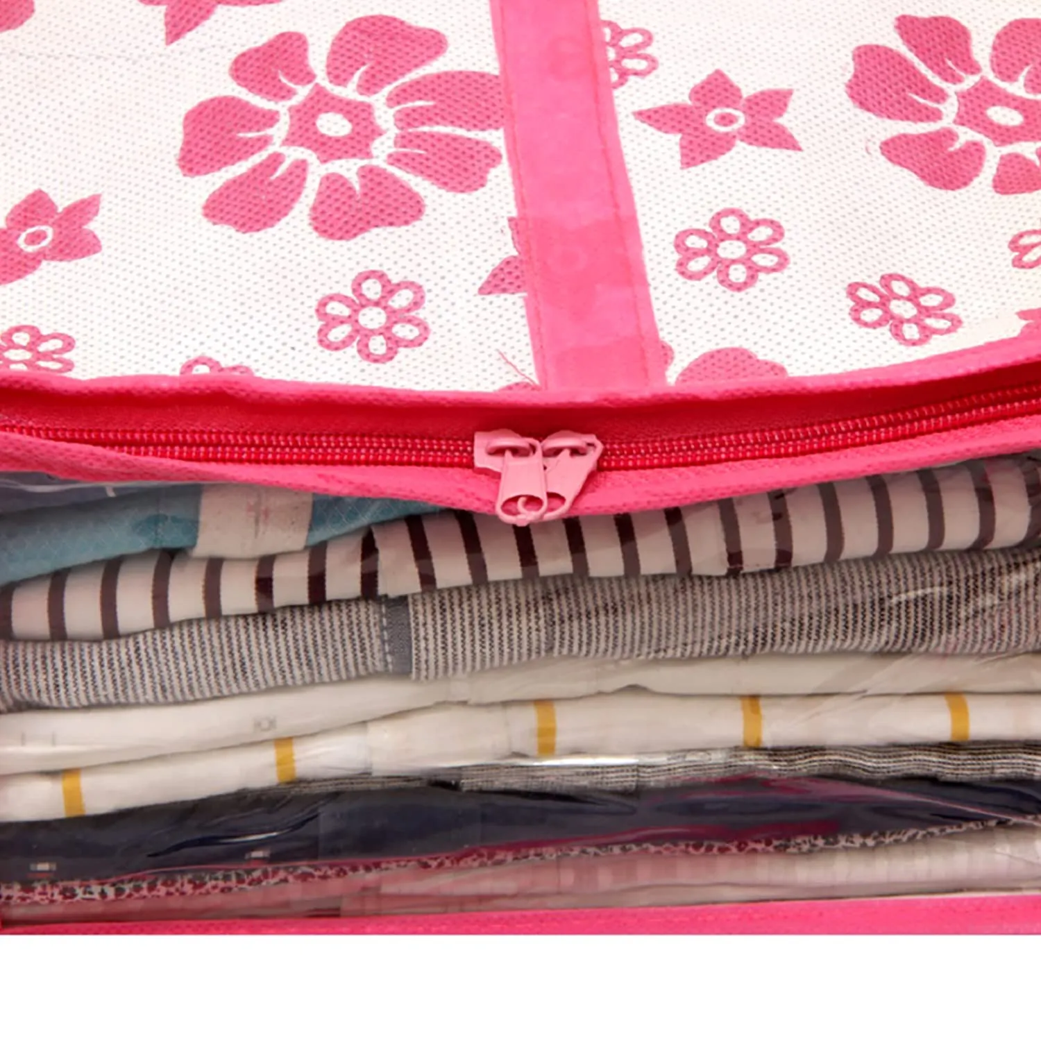 Heart Home Flower Printed Shirts & Clothing Organizer With Clear Window- Pack of 2 (Pink)-HS43HEARTH26187