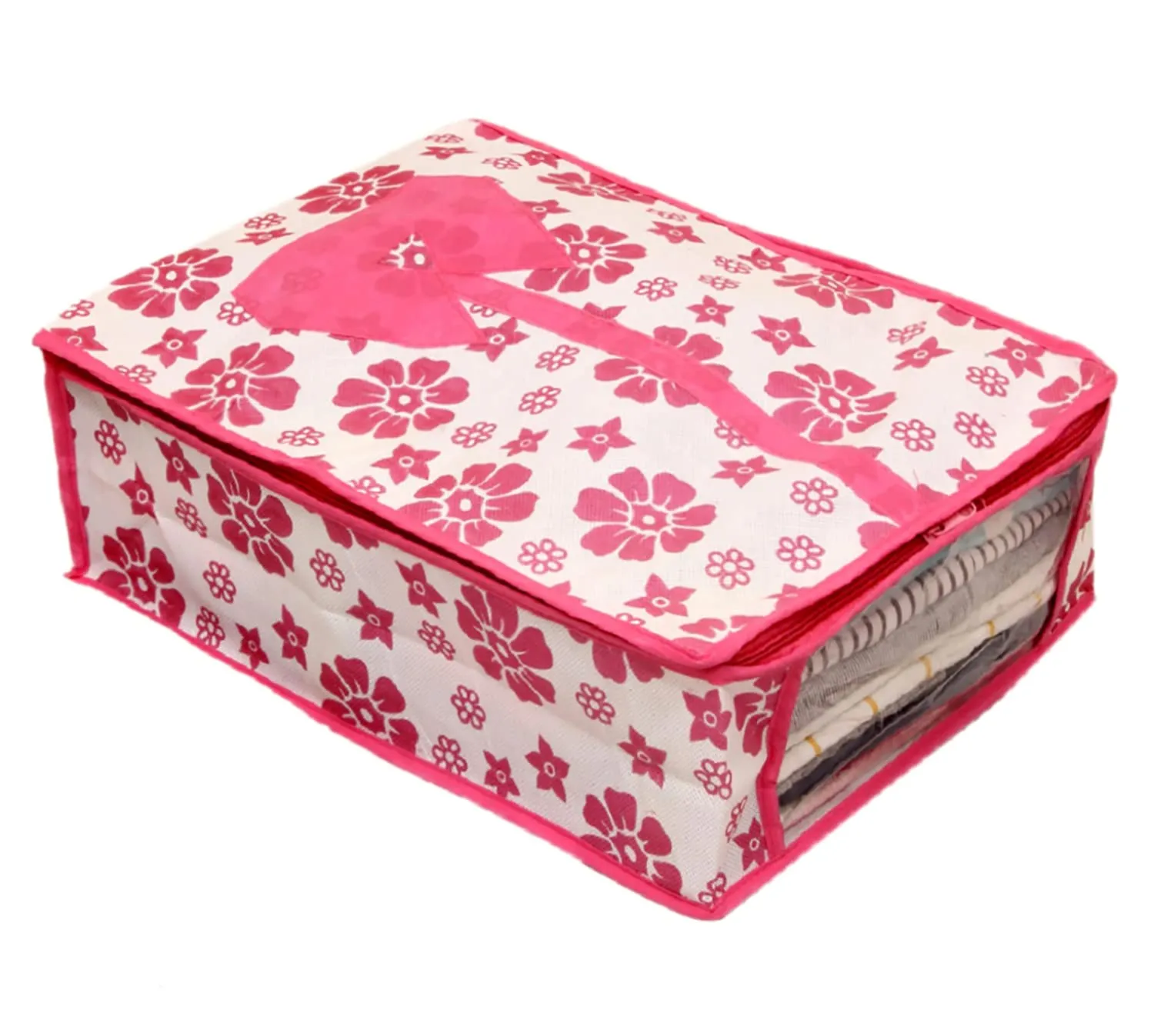 Heart Home Flower Printed Shirts & Clothing Organizer With Clear Window- Pack of 2 (Pink)-HS43HEARTH26187