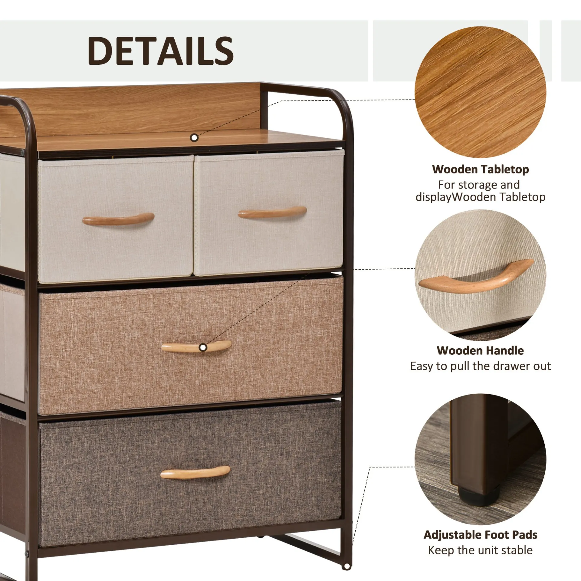 HOMCOM 4-Drawer Dresser with Steel Frame & Wooden Top - 3-Tier Storage Organizer for Bedroom & Hallway Closets