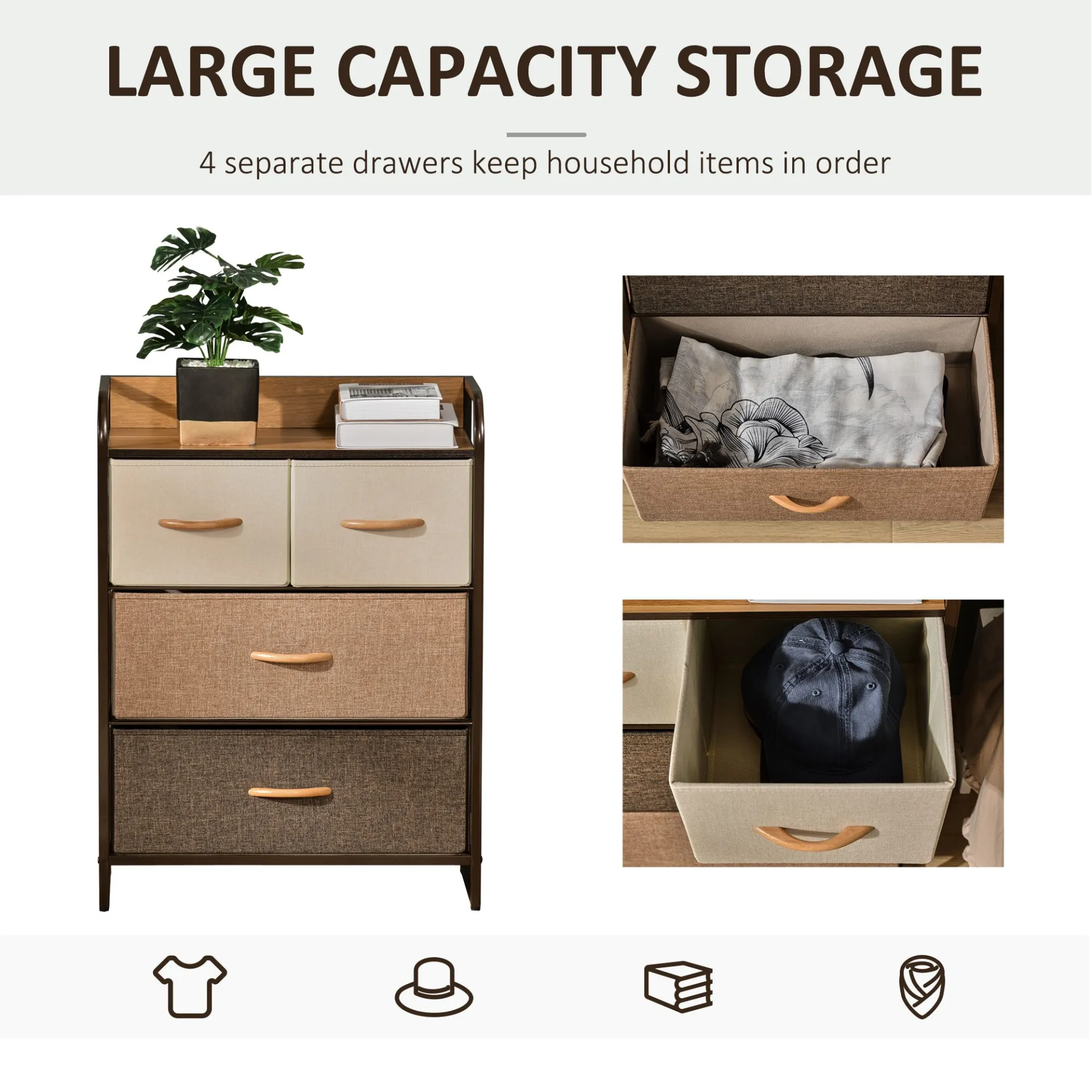 HOMCOM 4-Drawer Dresser with Steel Frame & Wooden Top - 3-Tier Storage Organizer for Bedroom & Hallway Closets
