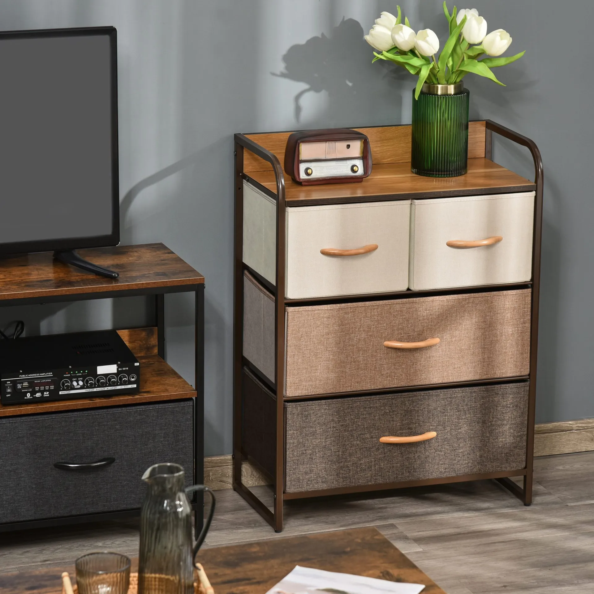 HOMCOM 4-Drawer Dresser with Steel Frame & Wooden Top - 3-Tier Storage Organizer for Bedroom & Hallway Closets