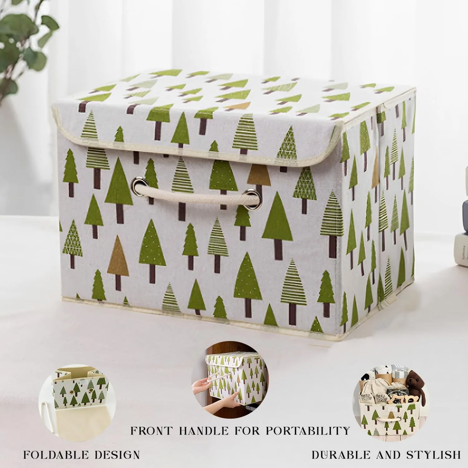 Kuber Industries Large Foldable Storage Box With Lid|Toys Storage Bin|Wardrobe Organizer For clothes|Front Handle & Sturdy Pack Of-3 (Green)