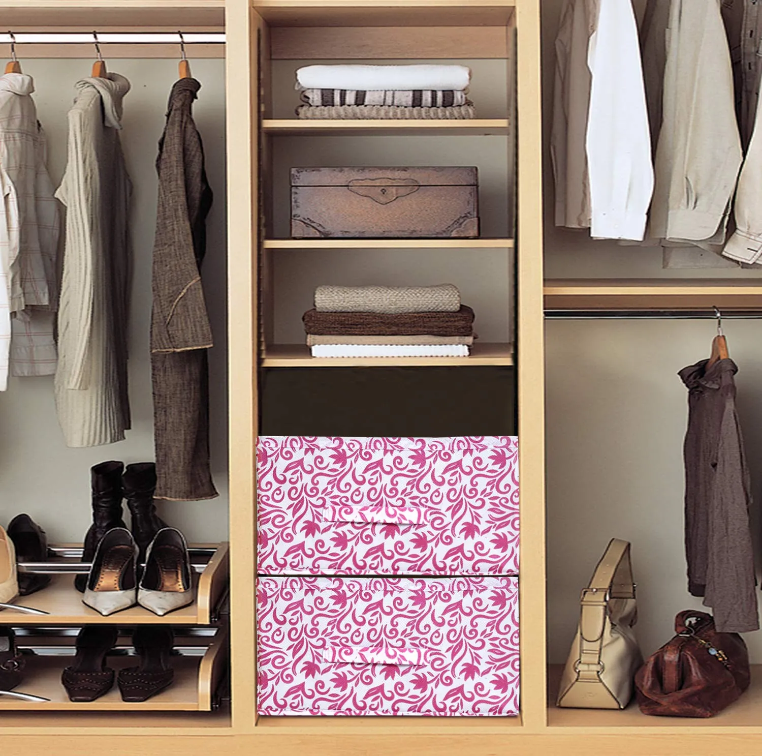 Kuber Industries Leaf Print Non Woven Fabric 2-Replacement Drawer Storage And Cloth Organizer Unit for Closet (Pink)-KUBMART16006
