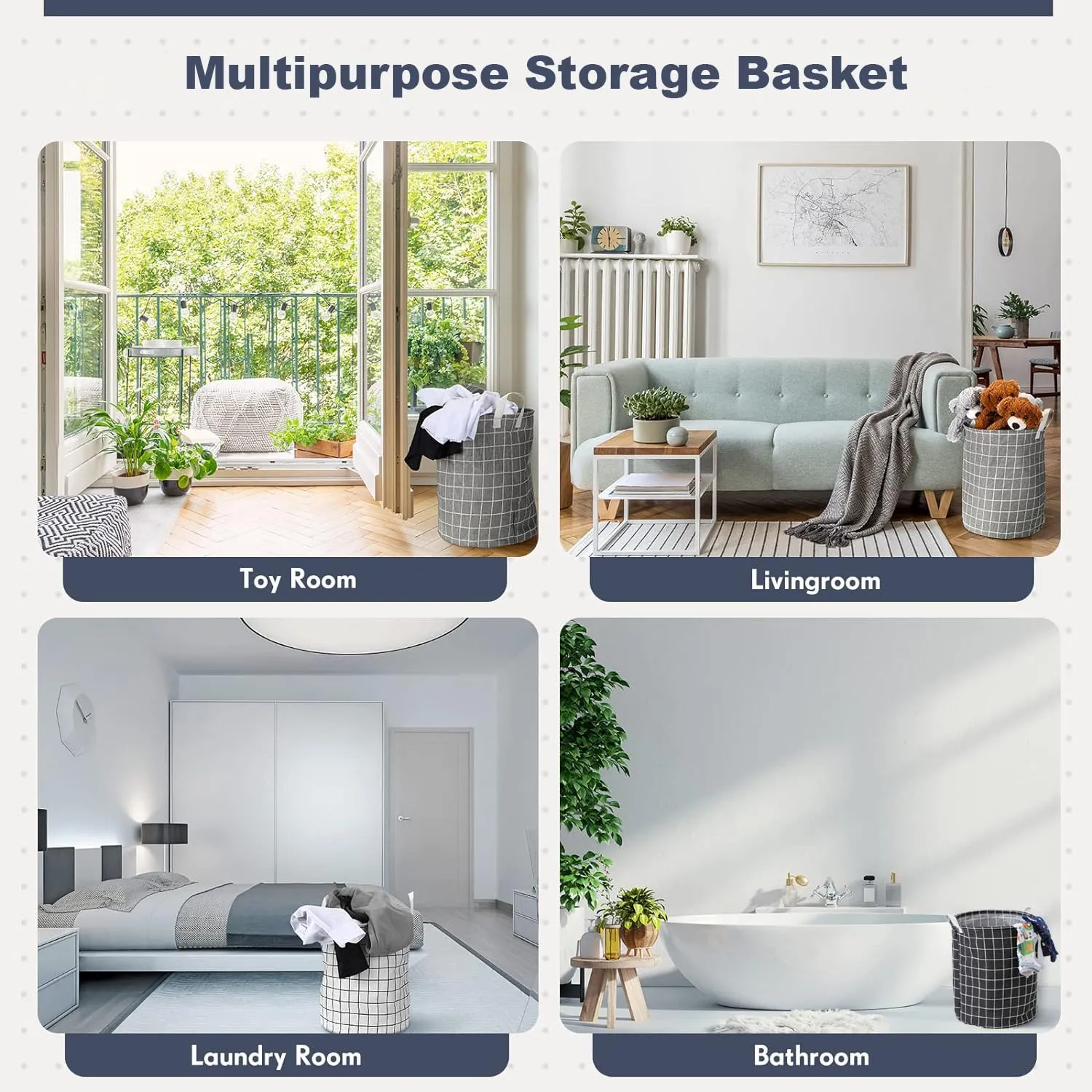 Kuber Industries Pack Of 4 Foldable Storage Basket|Round Toy Storage Bin|Side Grab Handle|Wardrobe, Closet Organizer (White)