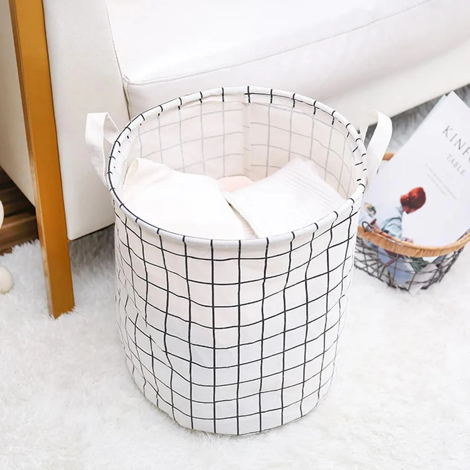 Kuber Industries Pack Of 4 Foldable Storage Basket|Round Toy Storage Bin|Side Grab Handle|Wardrobe, Closet Organizer (White)
