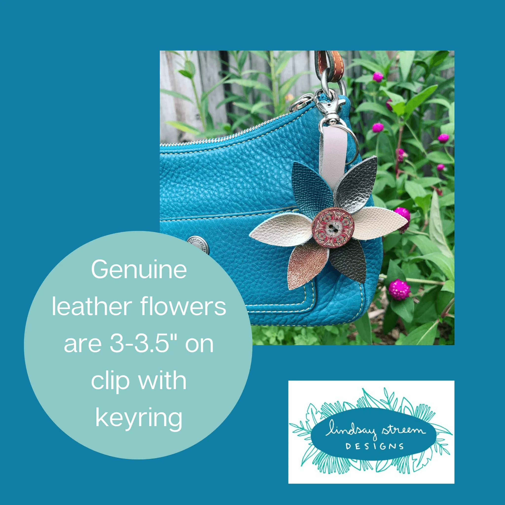 Leather Flower Bag Charm Keychain - Deep Pink