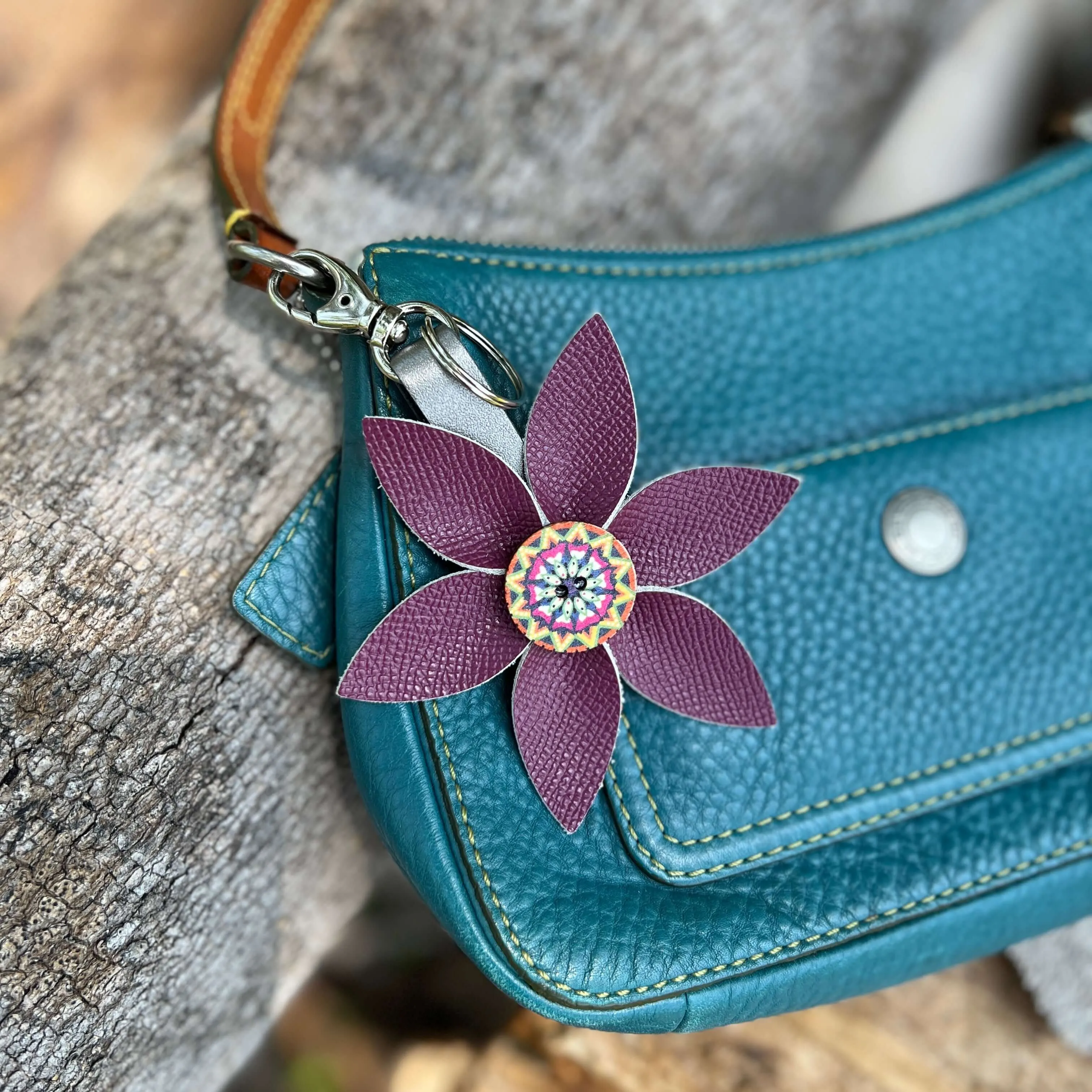 Leather Flower Bag Charm Keychain - Deep Pink