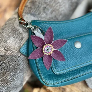 Leather Flower Bag Charm Keychain - Deep Pink