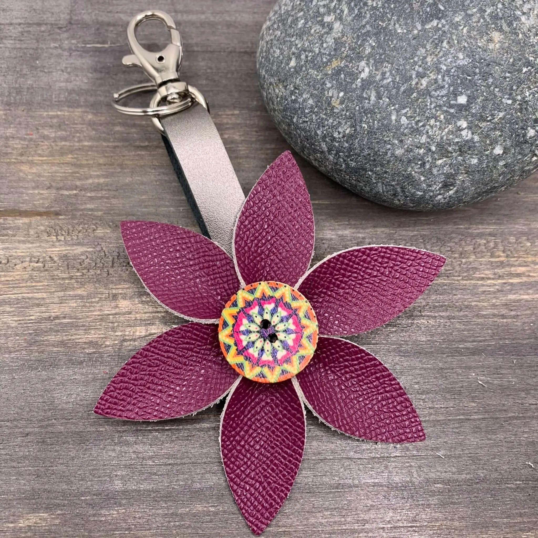 Leather Flower Bag Charm Keychain - Deep Pink