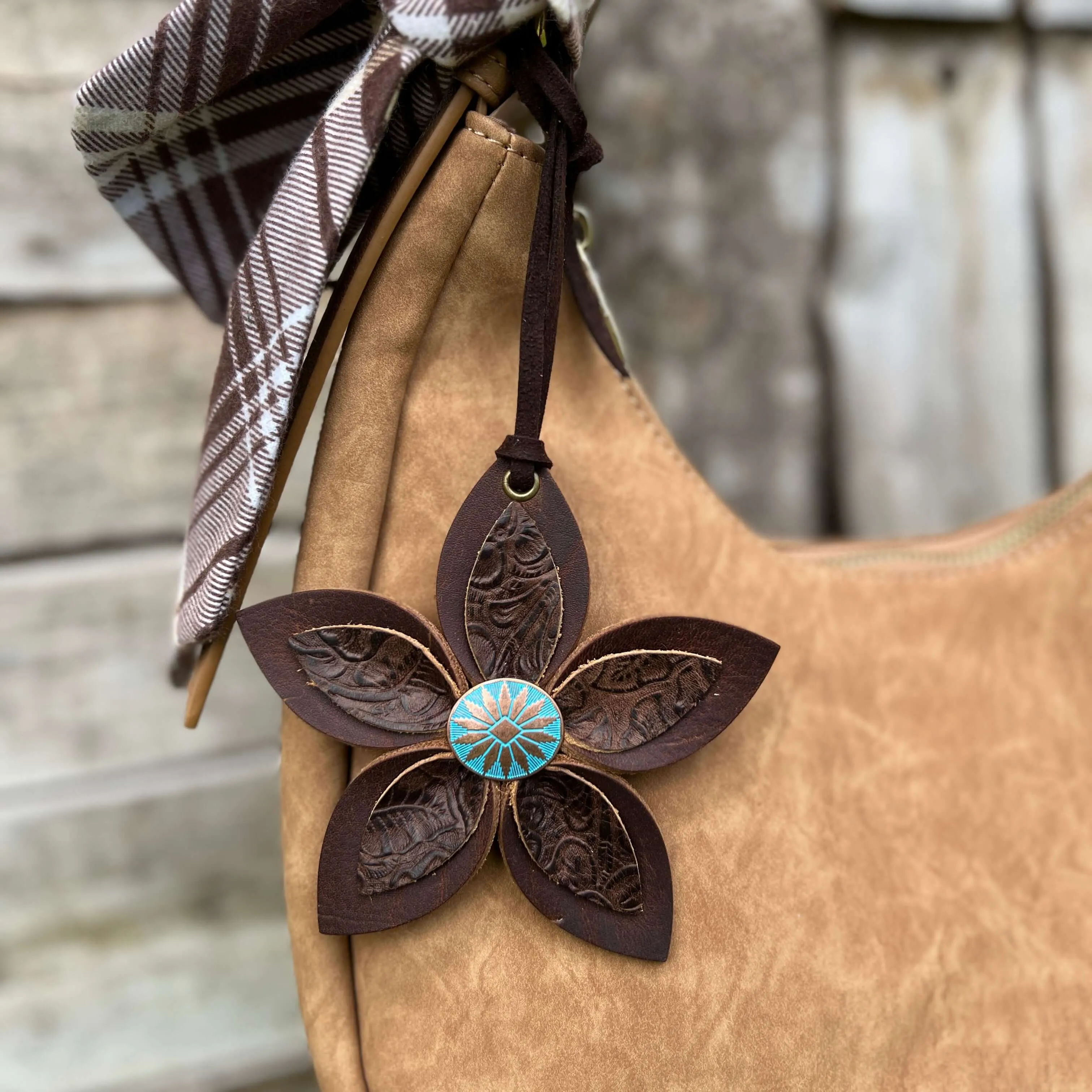 Leather Flower Bag Charm - Large Flower with Loop - Western Brown