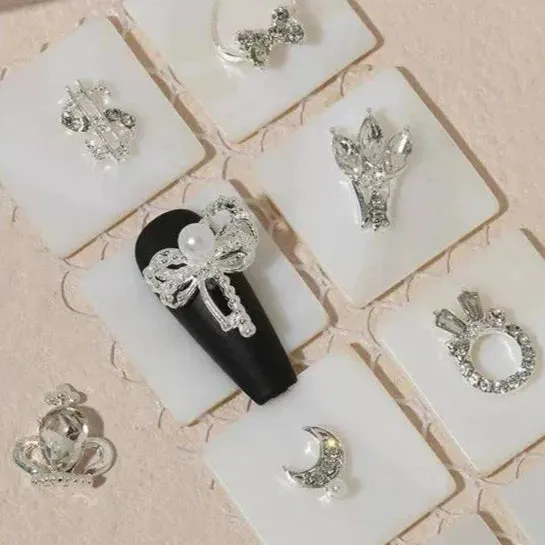 Luxury Diamond Nail Decoration - Silver Alloy Rhinestone Bow