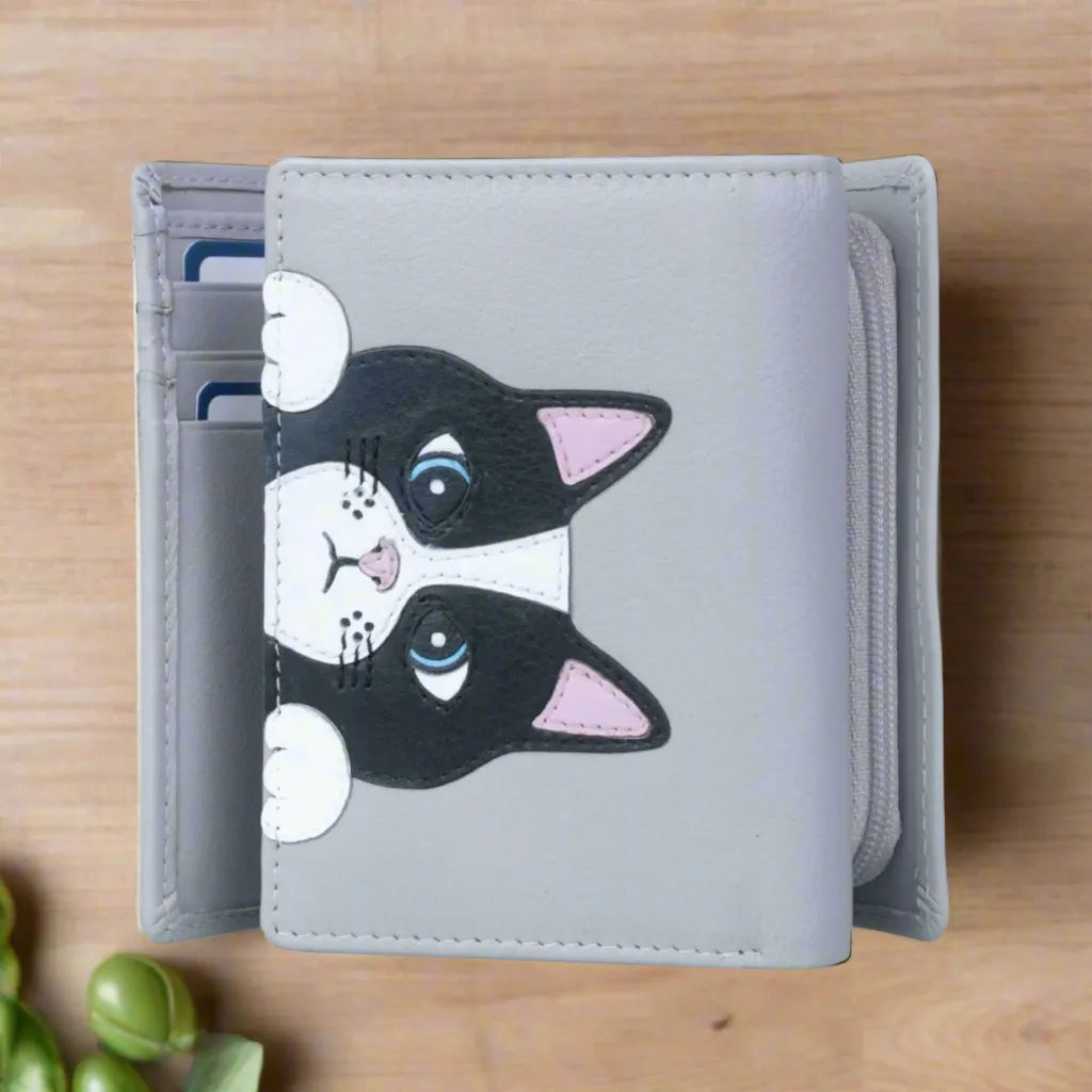 Mala Leather Vinny the Cat Compact Tri Fold Purse Grey