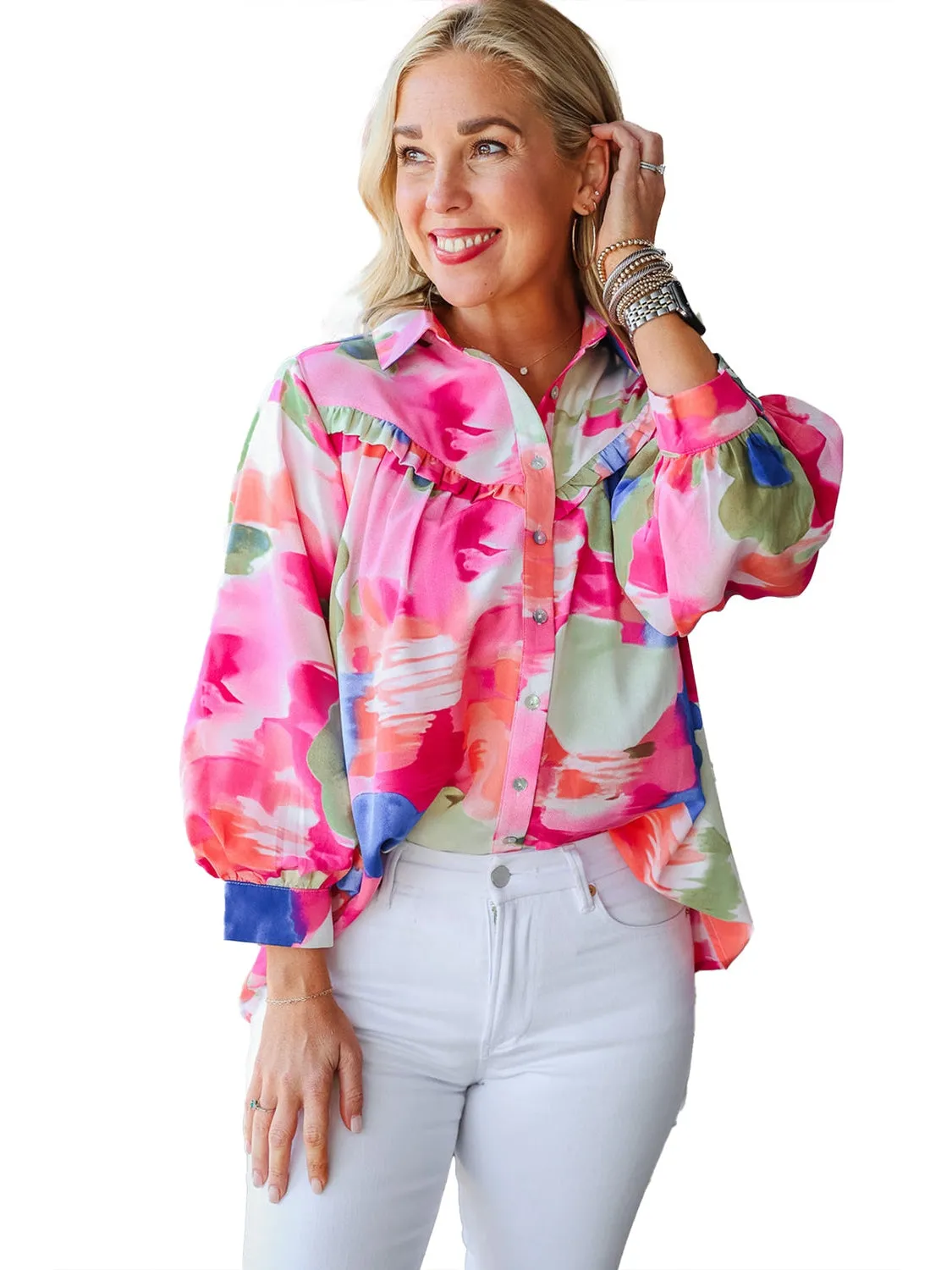 Multicolour Abstract Print Frill Detail Button Up Shirt