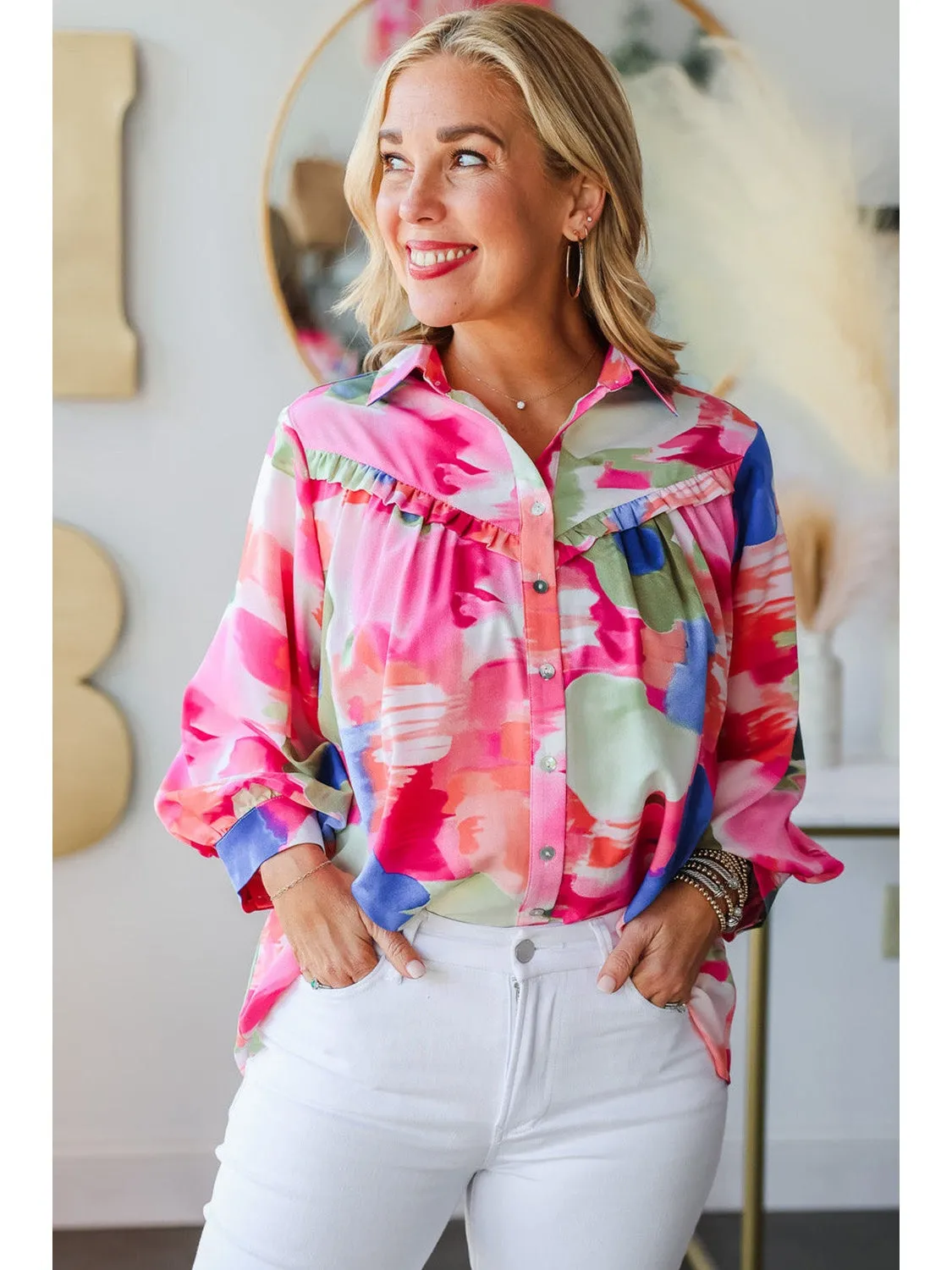Multicolour Abstract Print Frill Detail Button Up Shirt