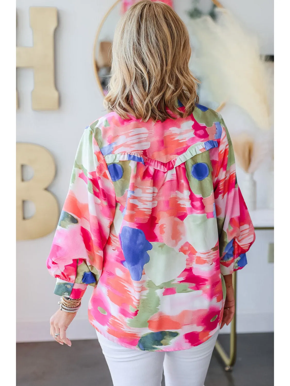 Multicolour Abstract Print Frill Detail Button Up Shirt