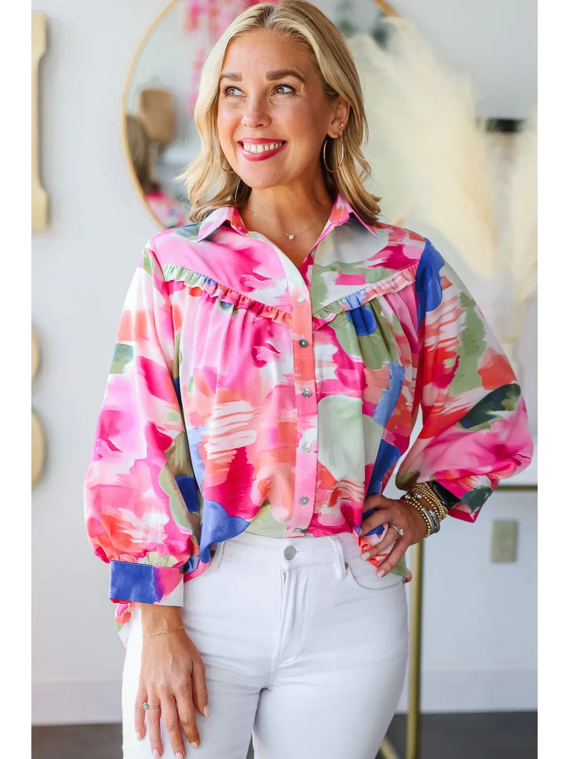 Multicolour Abstract Print Frill Detail Button Up Shirt