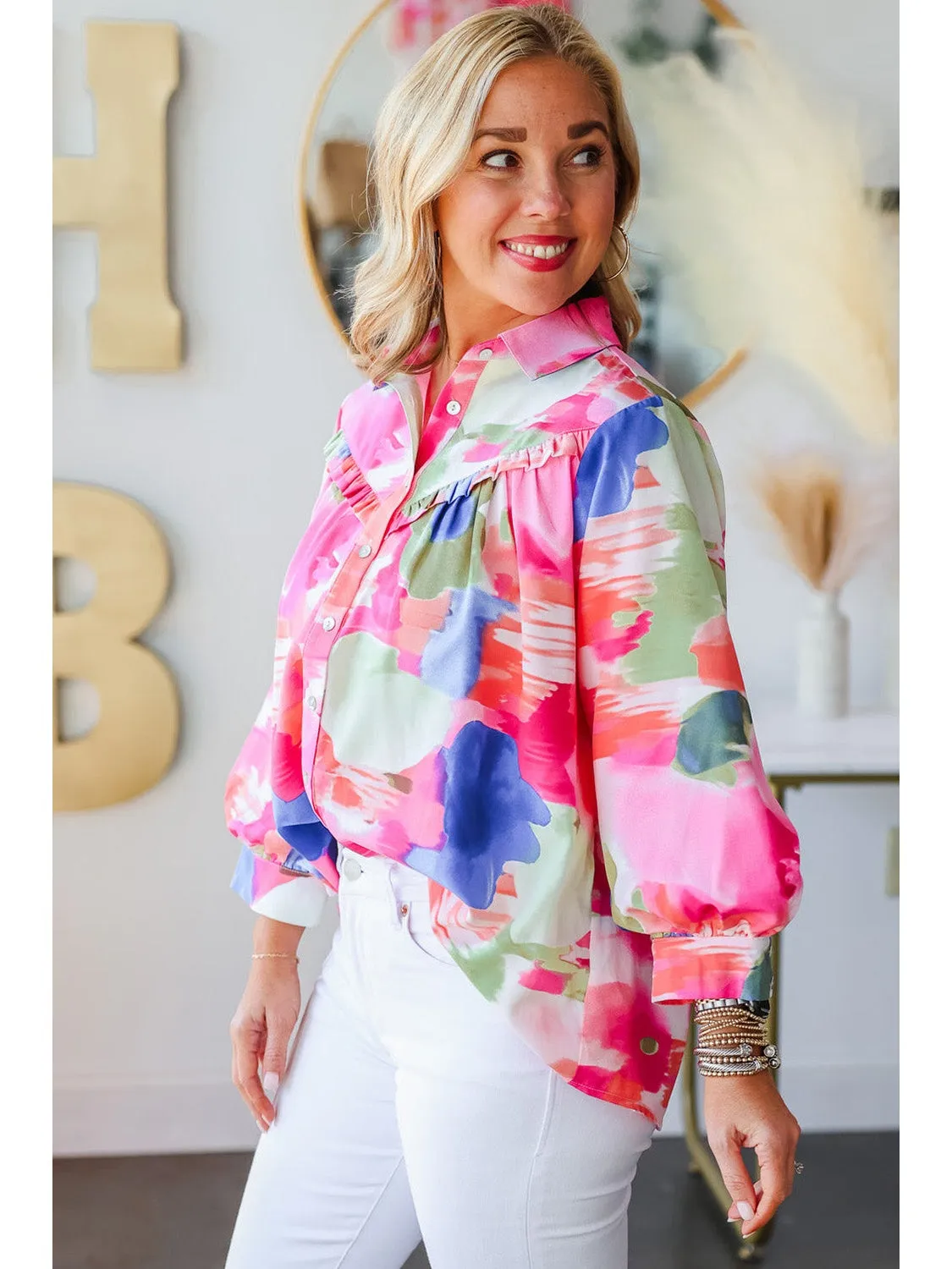 Multicolour Abstract Print Frill Detail Button Up Shirt