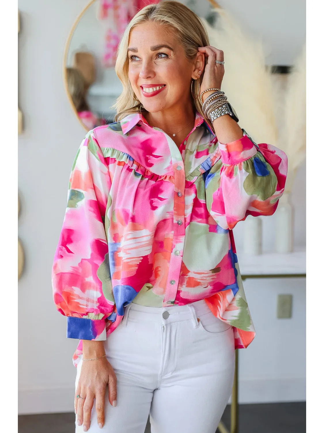 Multicolour Abstract Print Frill Detail Button Up Shirt