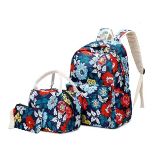 Nylon Backpack Set 3 Pieces Floral Backpack Schoolbag Girl Waterproof Travel Bag with Lunch Bag